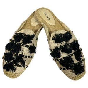 Soludos Cream and Black Tassel Espadrille Mules Size 8